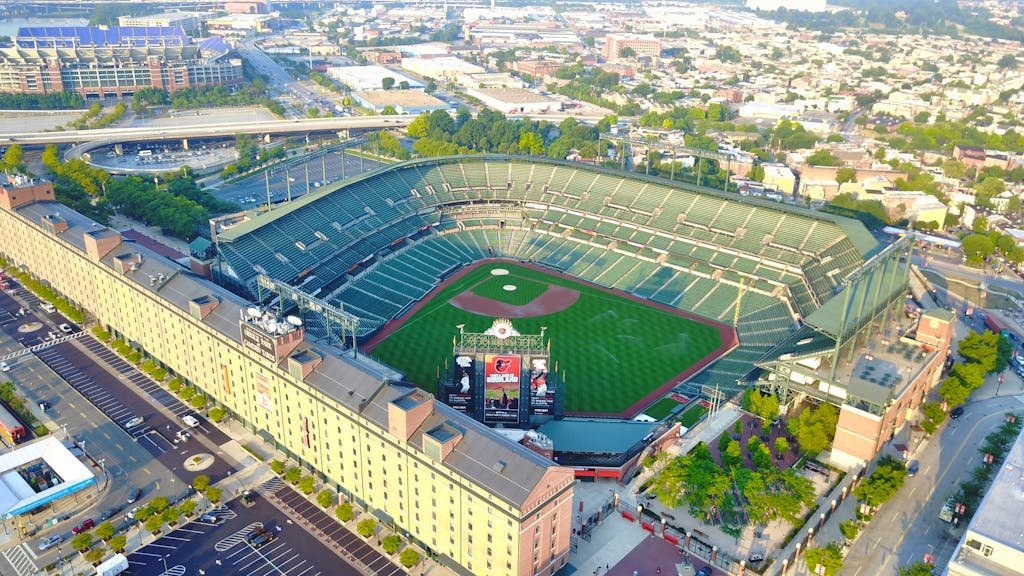 Baltimore Orioles Aerial shot of Camden Yards, home of the Baltimore Orioles, showcasing its iconic architecture.