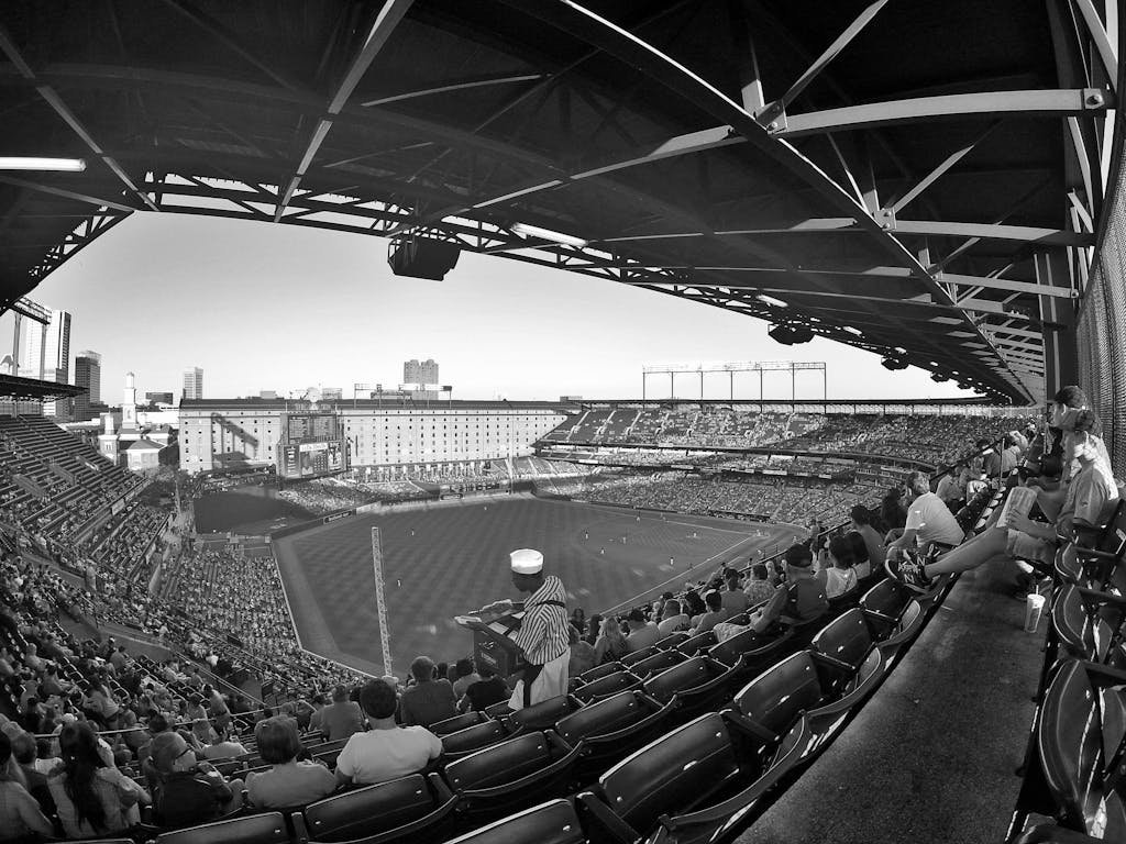 Baltimore Orioles Monochrome image of a packed baseball stadium from the stands in Baltimore, MD.